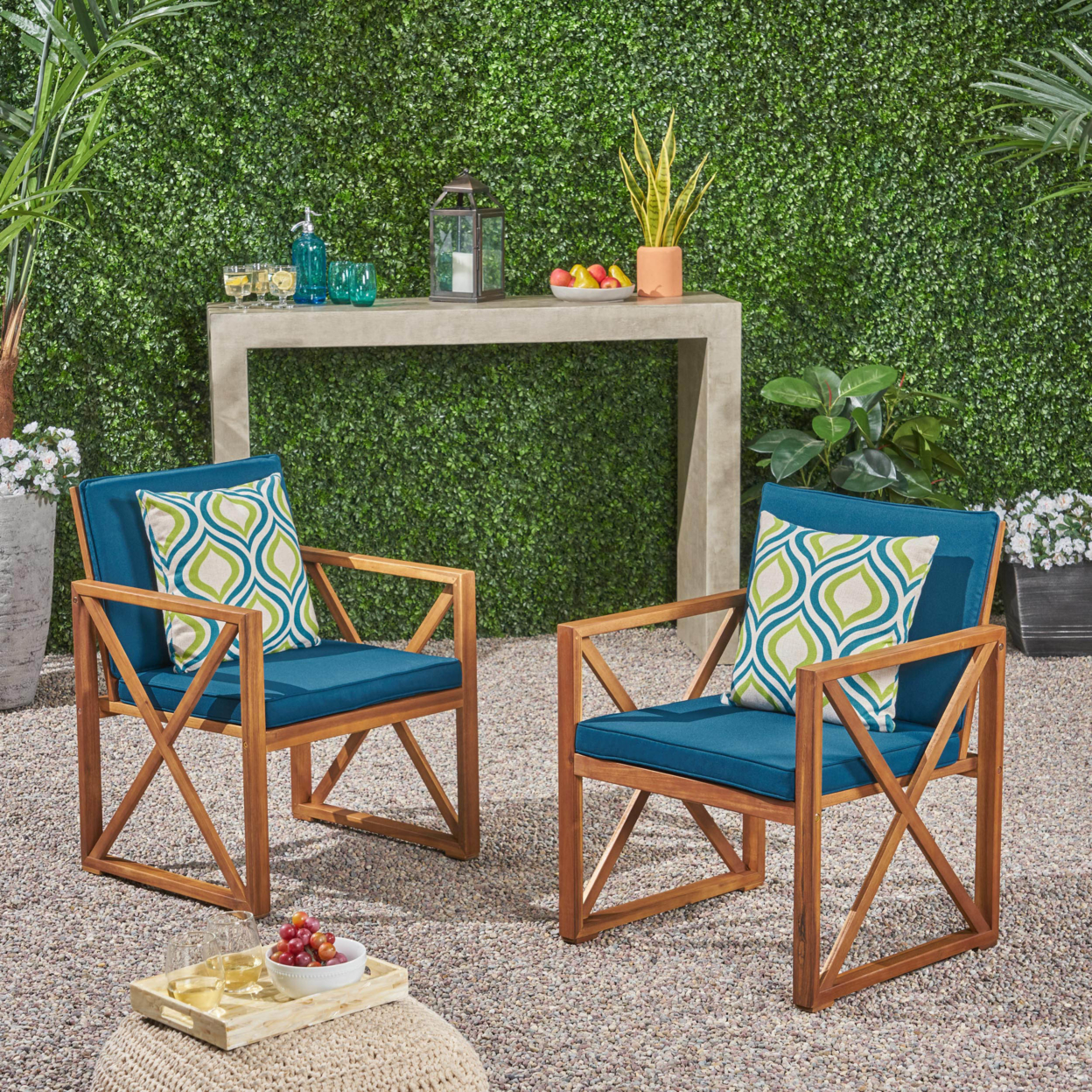 Hazel Outdoor Acacia Wood Club Chairs With Cushions - Brown / Dark Teal, Set Of 2