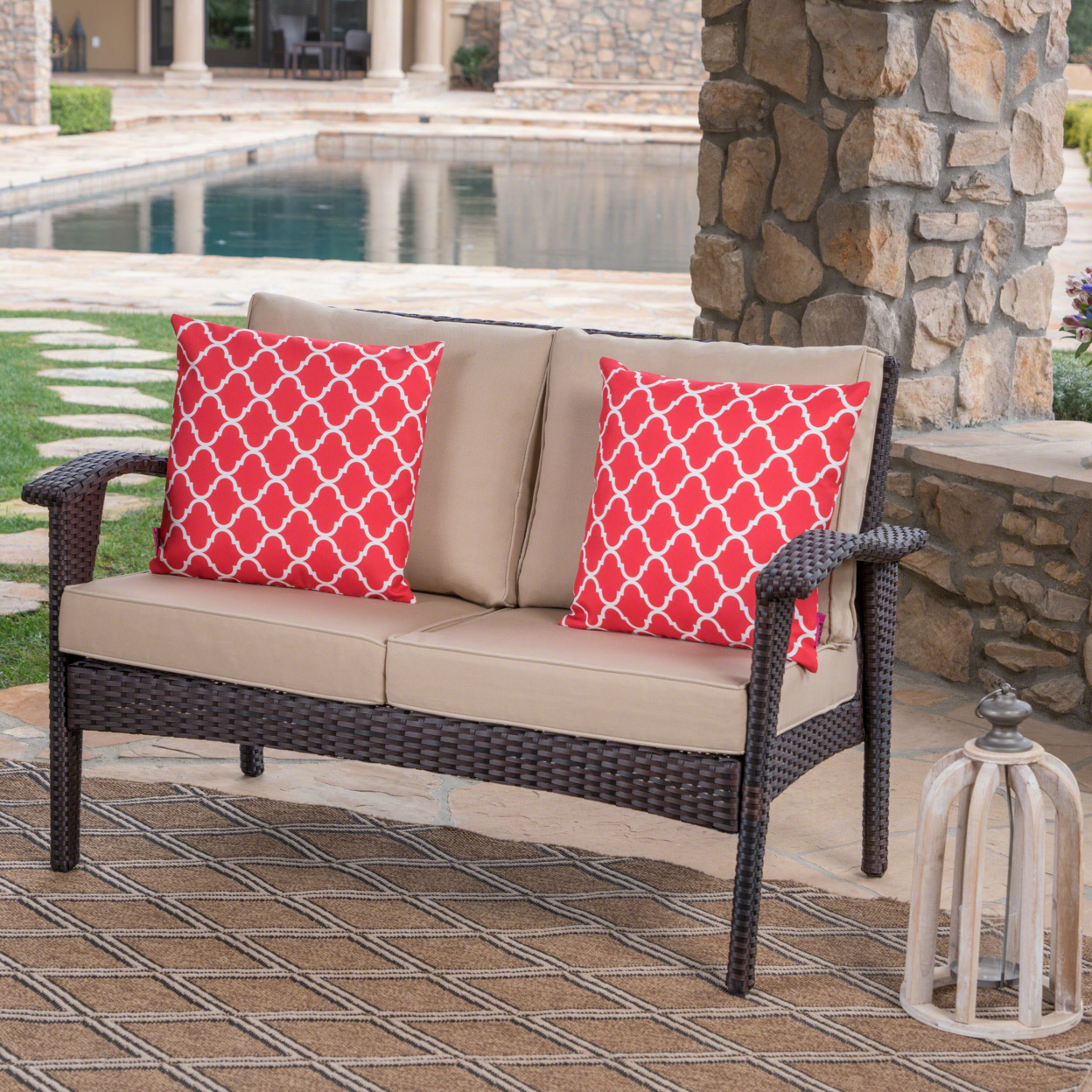 Hilary Outdoor Brown Wicker Loveseat With Water Resistant Cushions - Brown/Tan