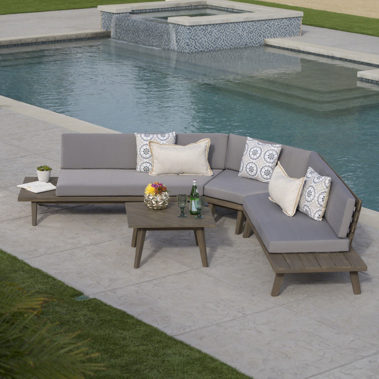 Hillside Outdoor V Shaped 4 Piece Acacia Wood Sectional Sofa Set - Gray