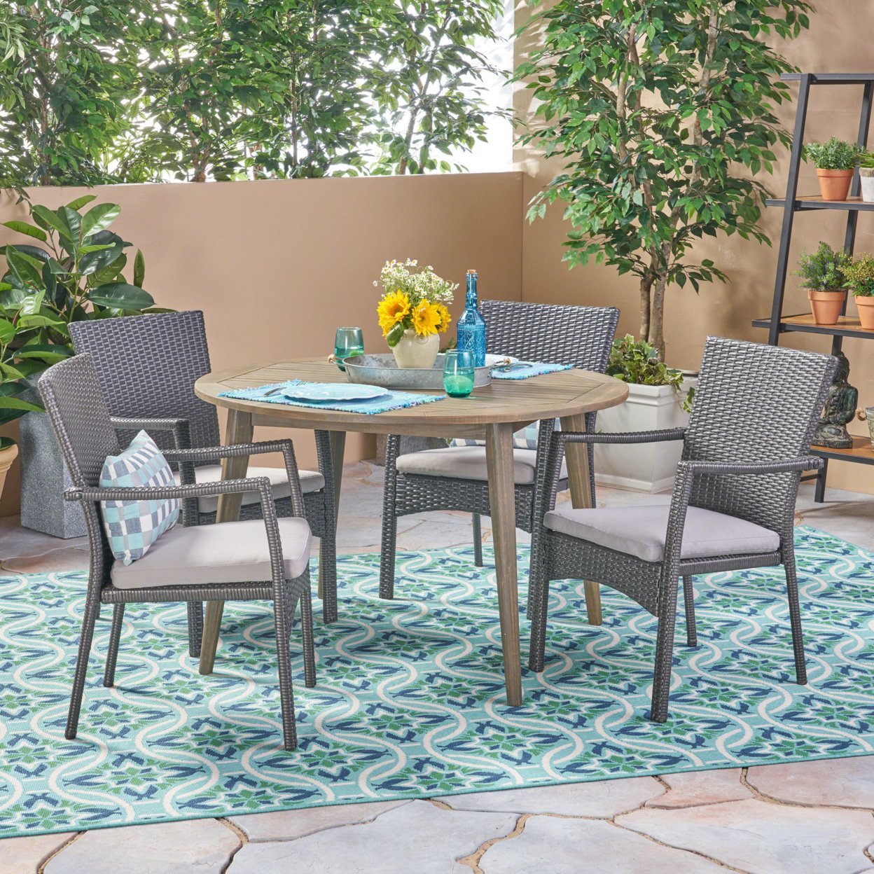 Hoff Outdoor 5 Piece Wood And Wicker Dining Set - Gray + Gray