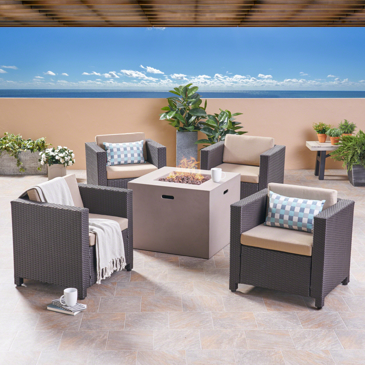 Icey Outdoor 4 Piece Club Chair Set With Square Fire Pit - Gray + Dark Gray