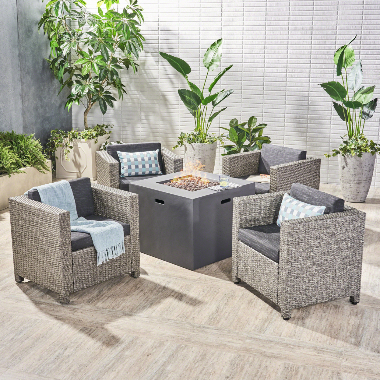 Icey Outdoor 4 Piece Club Chair Set With Square Fire Pit - Gray + Dark Gray