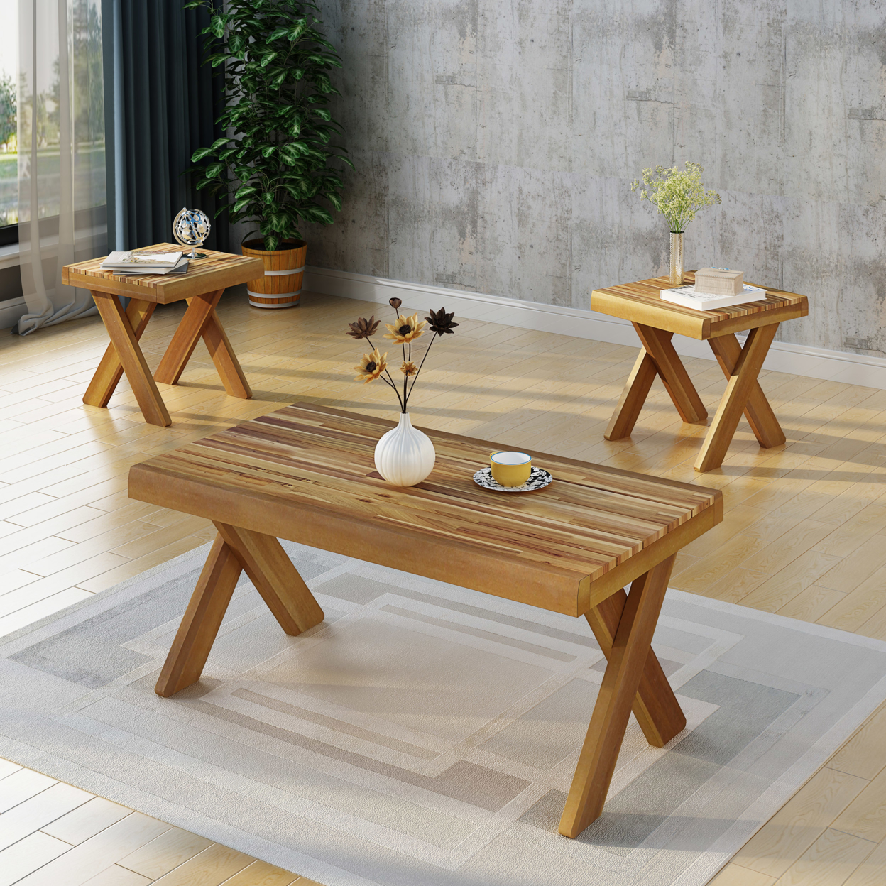 Irene Indoor Farmhouse 3 Piece Acacia Wood Table Set - Teak