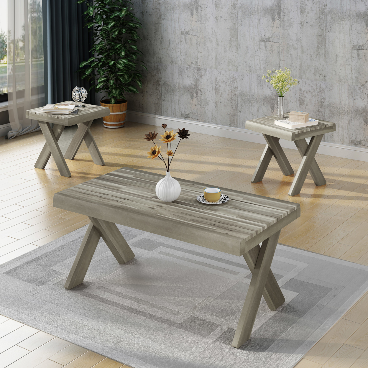 Irene Indoor Farmhouse 3 Piece Acacia Wood Table Set - Teak