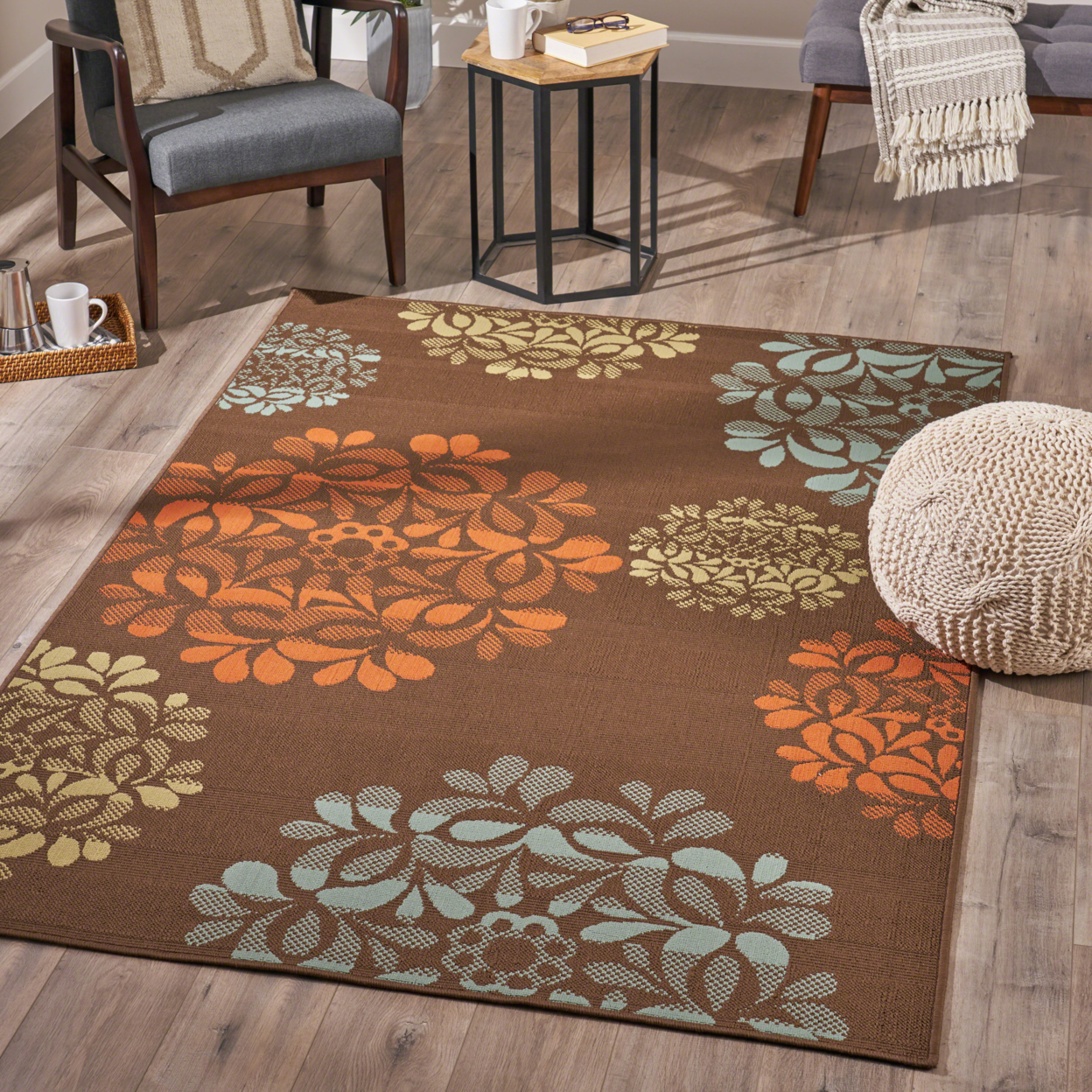 Iris Indoor Floral Area Rug, Brown And Blue - Brown + Blue, 8' X 11'