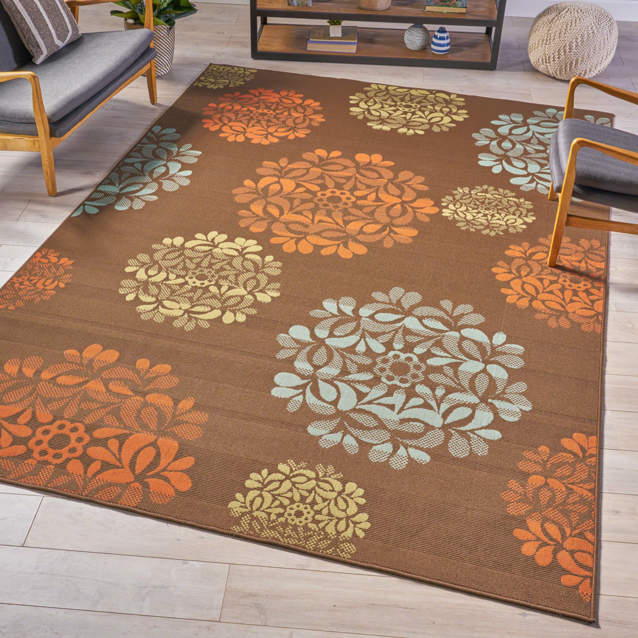 Iris Indoor Floral Area Rug, Brown And Blue - Brown + Blue, 5' X 8'