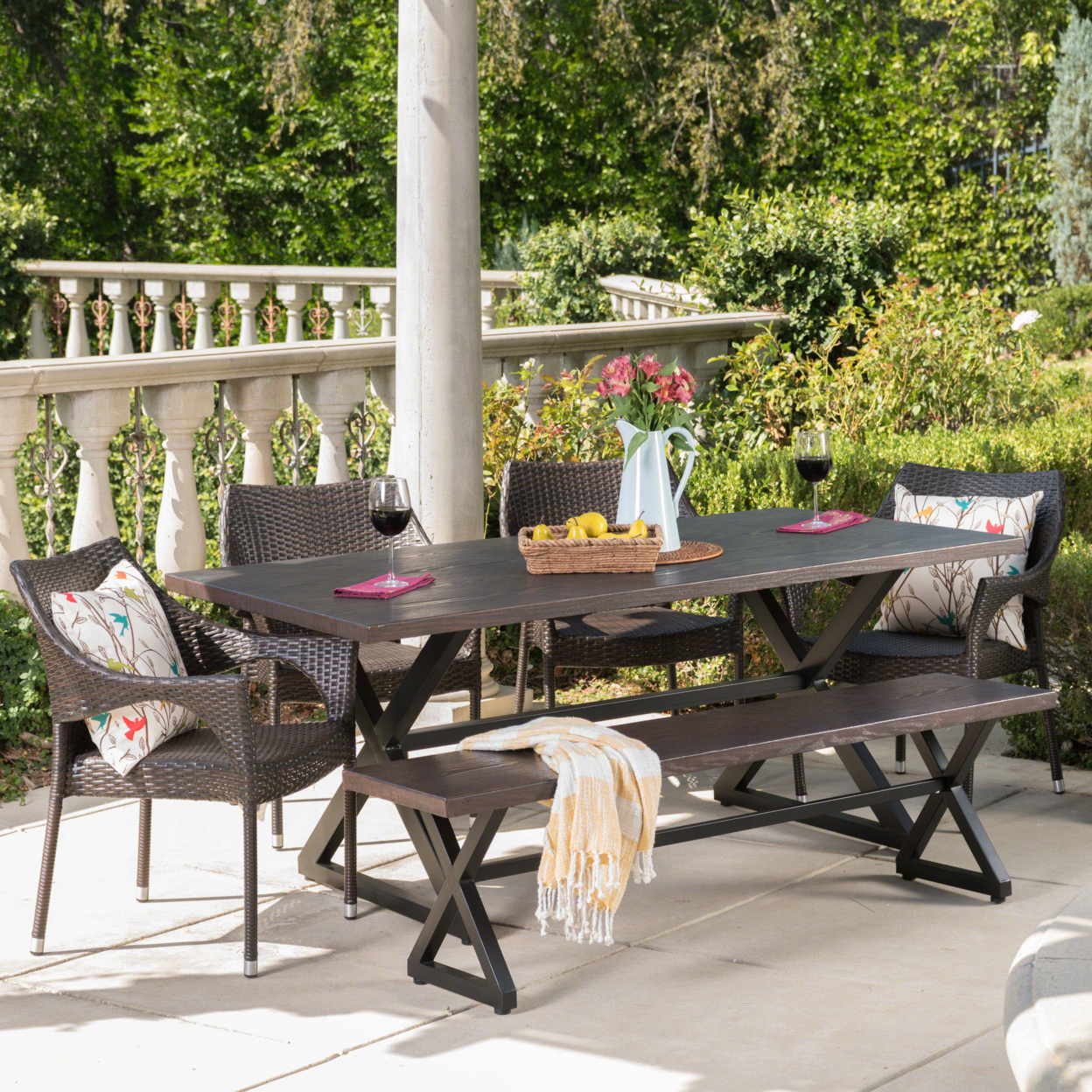 Ismus Outdoor 6 Piece Aluminum Dining Set With Bench And Stacking Chairs - Black/Multi-brown