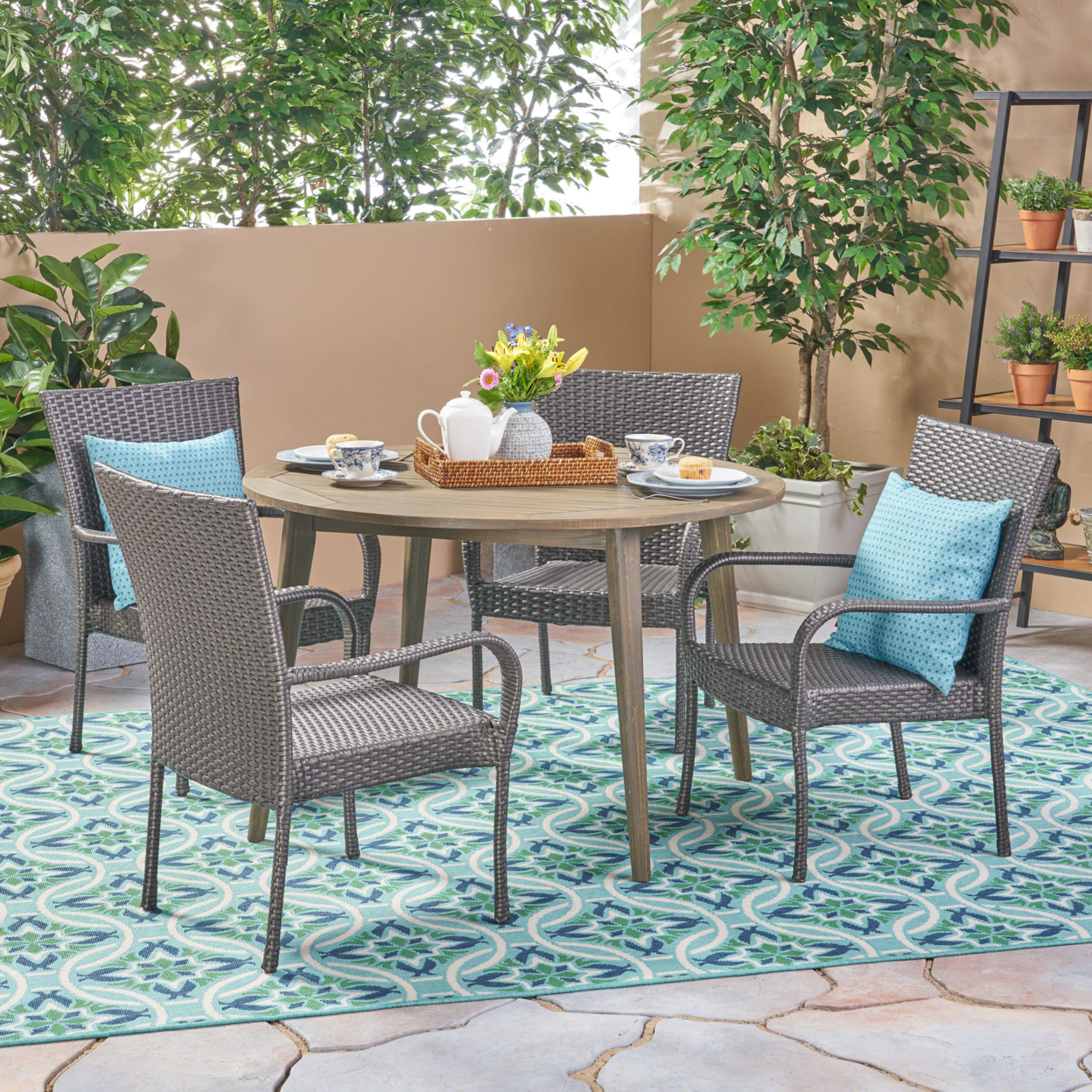 Ivey Outdoor 5 Piece Wood And Wicker Dining Set - Gray + Gray