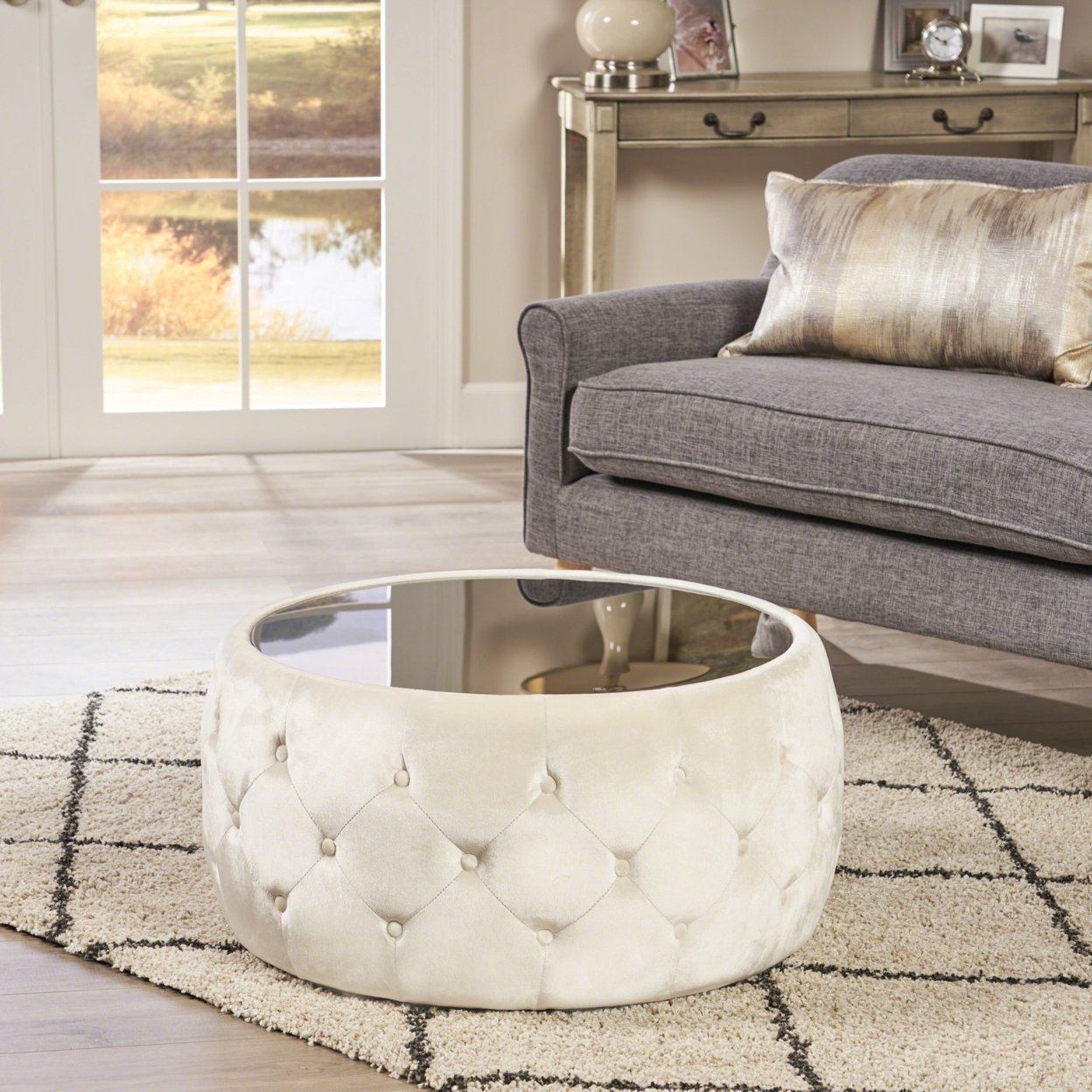 Ivy Glam Velvet And Tempered Glass Coffee Table Ottoman - Beige