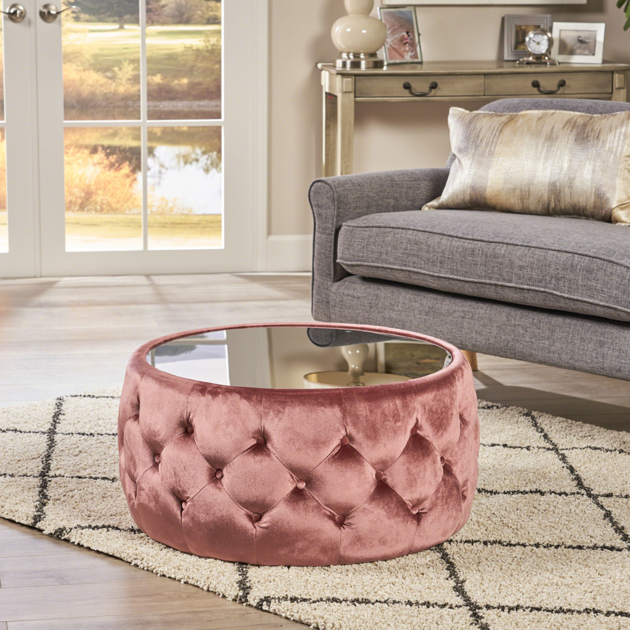 Ivy Glam Velvet And Tempered Glass Coffee Table Ottoman - Beige