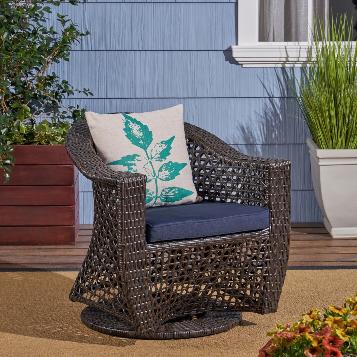 Big Sur Patio Swivel Chair, Wicker With Outdoor Cushions, Multi-Brown, Navy Blue - Set Of 2