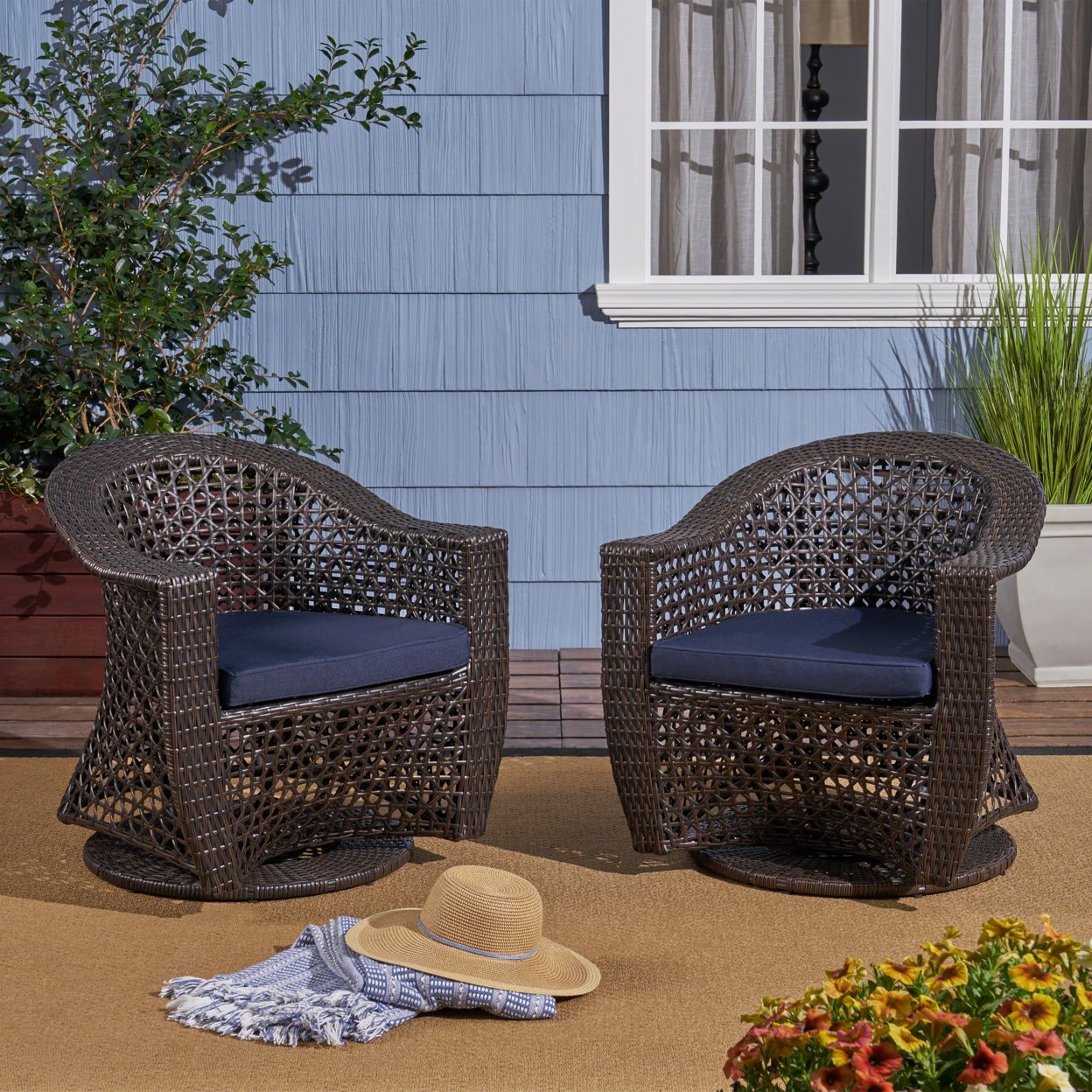 Big Sur Patio Swivel Chair, Wicker With Outdoor Cushions, Multi-Brown, Navy Blue - Single