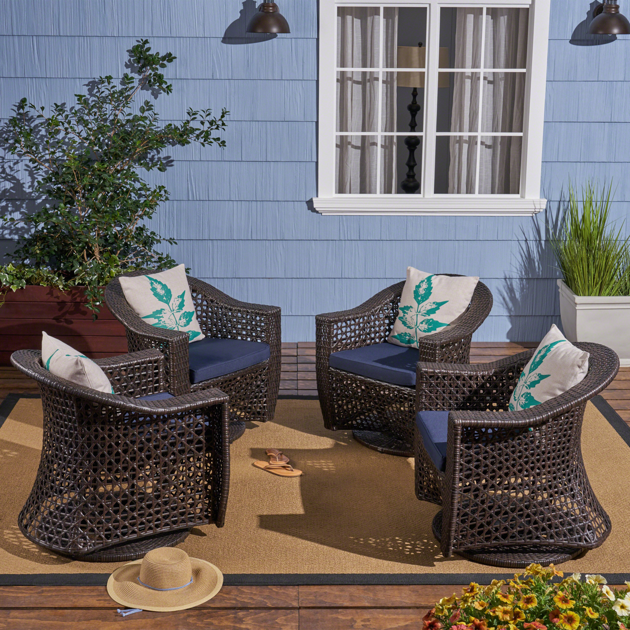 Big Sur Patio Swivel Chair, Wicker With Outdoor Cushions, Multi-Brown, Navy Blue - Set Of 4