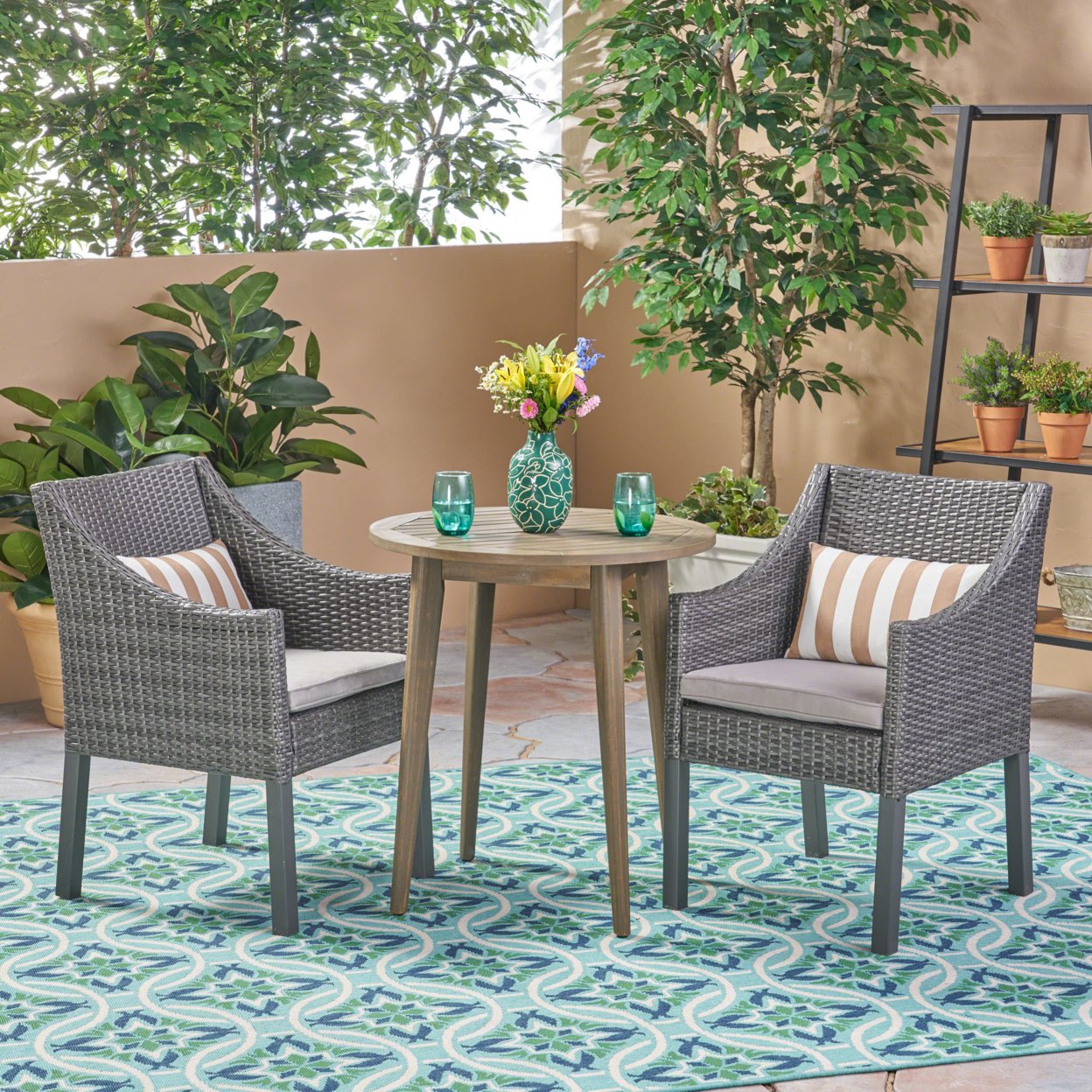 Jean Outdoor 3 Piece Wood And Wicker Bistro Set - Gray + Gray