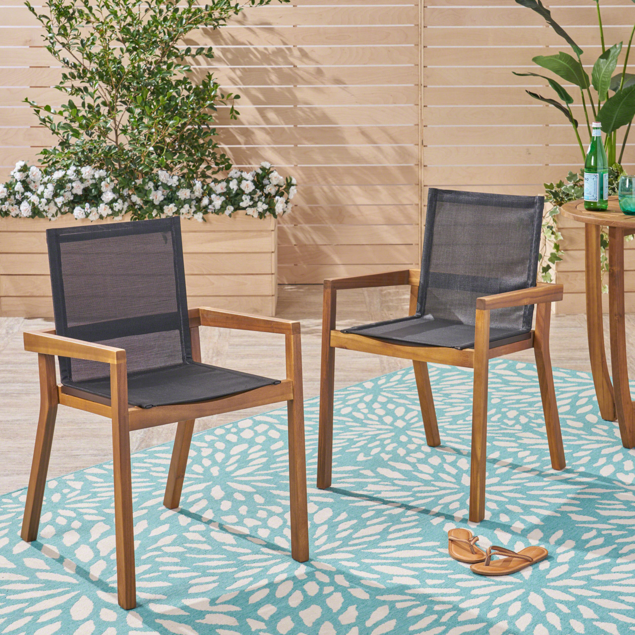 Jimmy Outdoor Acacia Wood And Mesh Dining Chairs (Set Of 2) - Teak