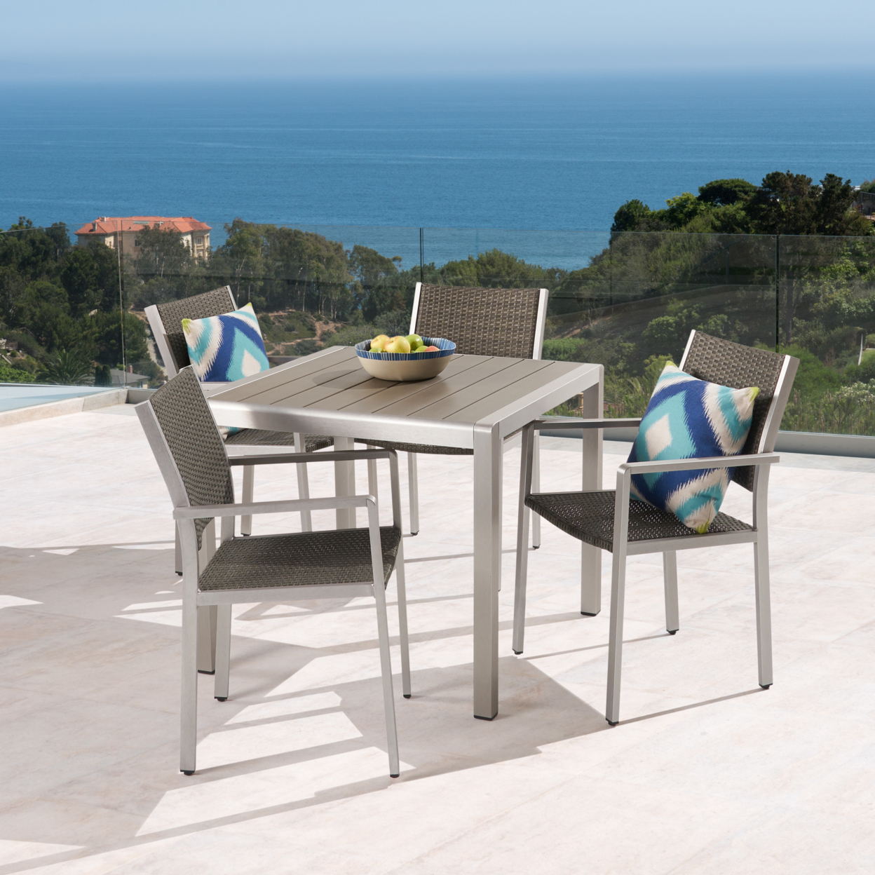 Julia Patio Dining Set - 4-Seater - Anodized Aluminum - Wicker Seats - Polywood Table Top