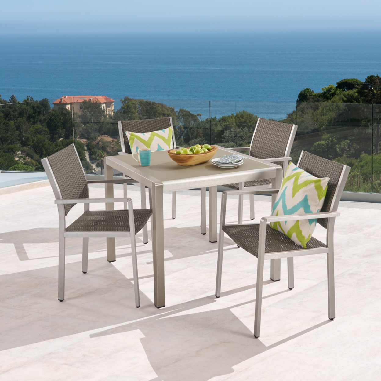 Julia Patio Dining Set - 4-Seater - Anodized Aluminum - Wicker Seats - Aluminum Table Top