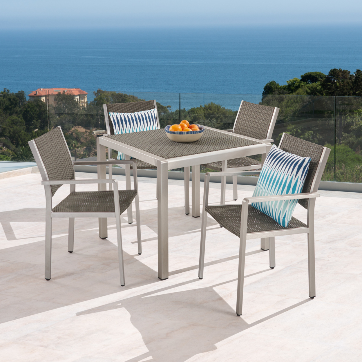 Julia Patio Dining Set - 4-Seater - Anodized Aluminum - Wicker Seats - Wicker Table Top