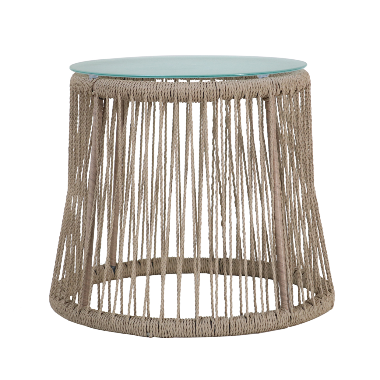 Karen Outdoor Side Table, Steel And Rope, Tempered Glass Table Top, Boho - Gray