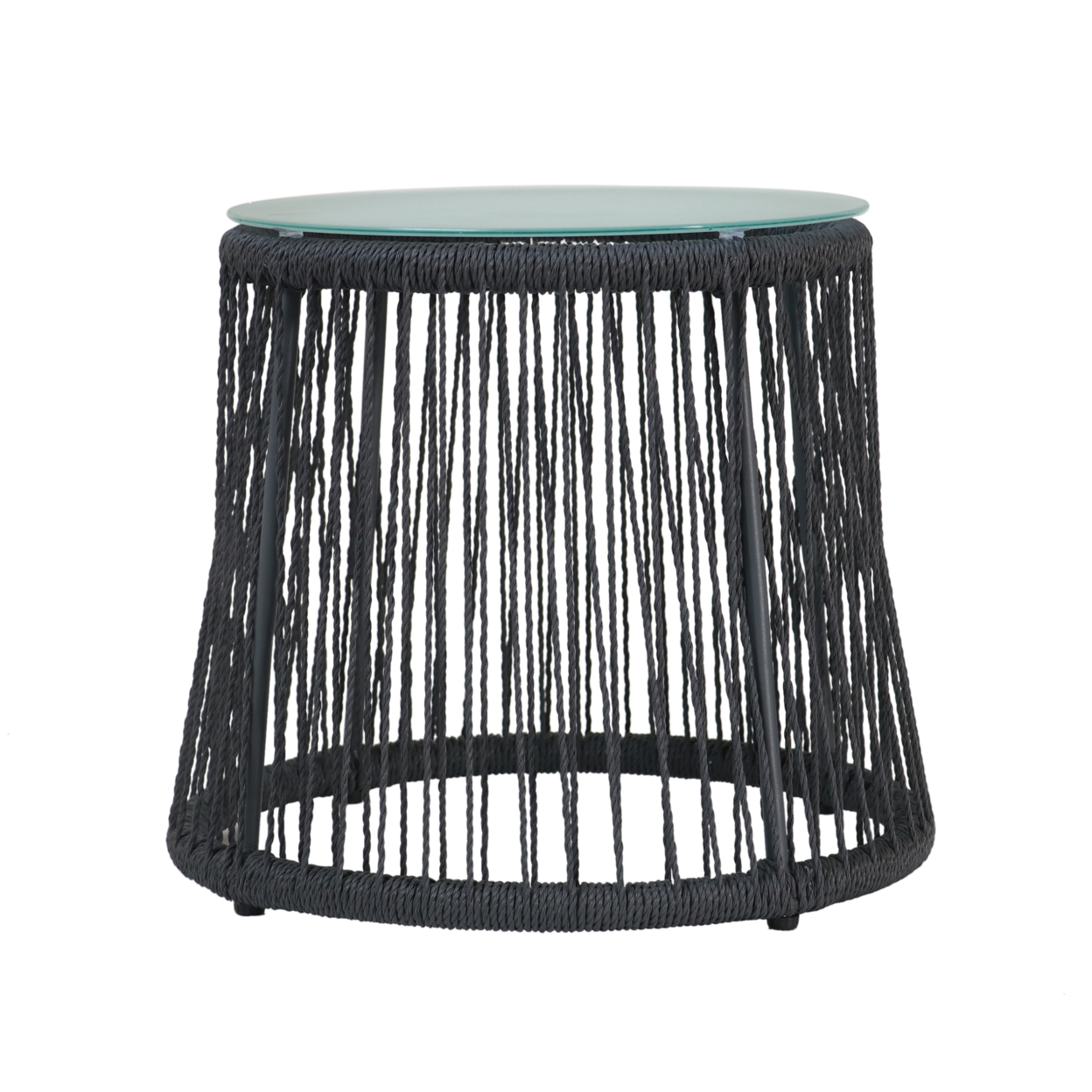 Karen Outdoor Side Table, Steel And Rope, Tempered Glass Table Top, Boho - Gray