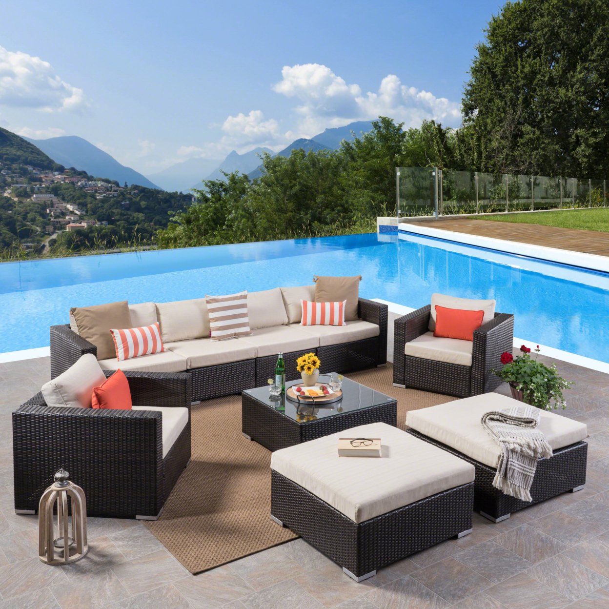 Karl Outdoor 6 Seater Wicker Sectional With Aluminum Frame - Gray