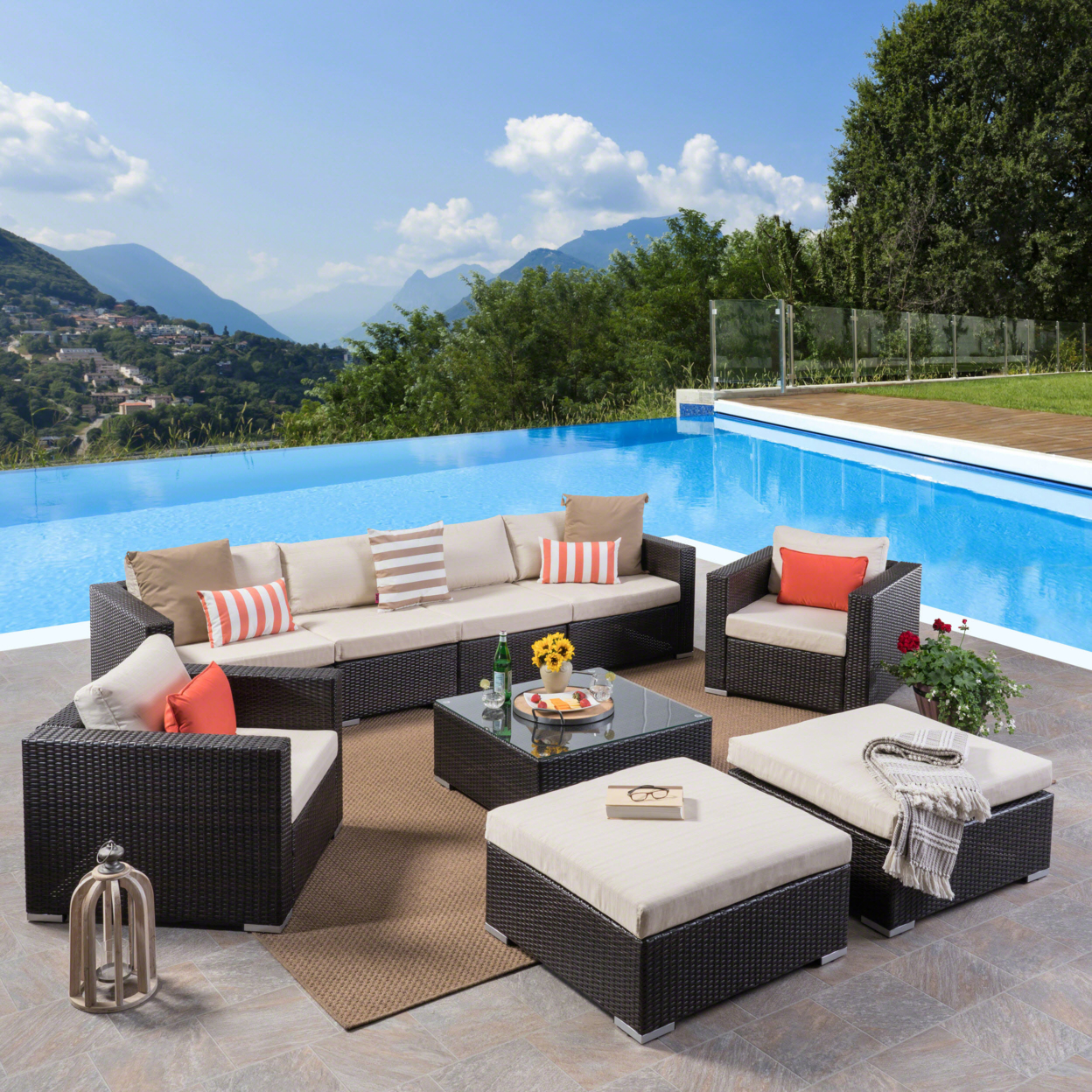 Karl Outdoor 6 Seater Wicker Sectional With Aluminum Frame - Brown