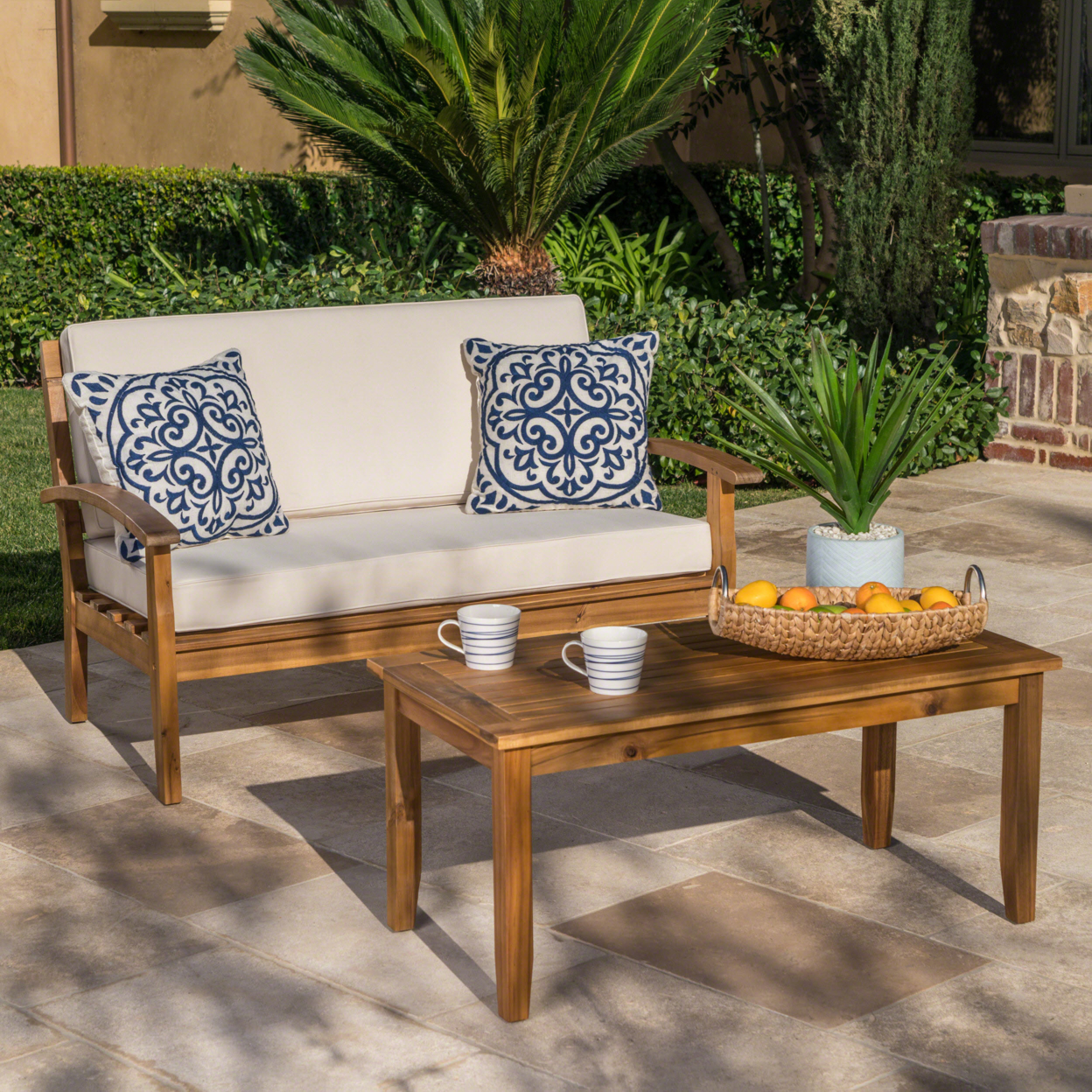 Keanu Outdoor Acacia Wood Loveseat And Coffee Table Set With Cushions - Beige