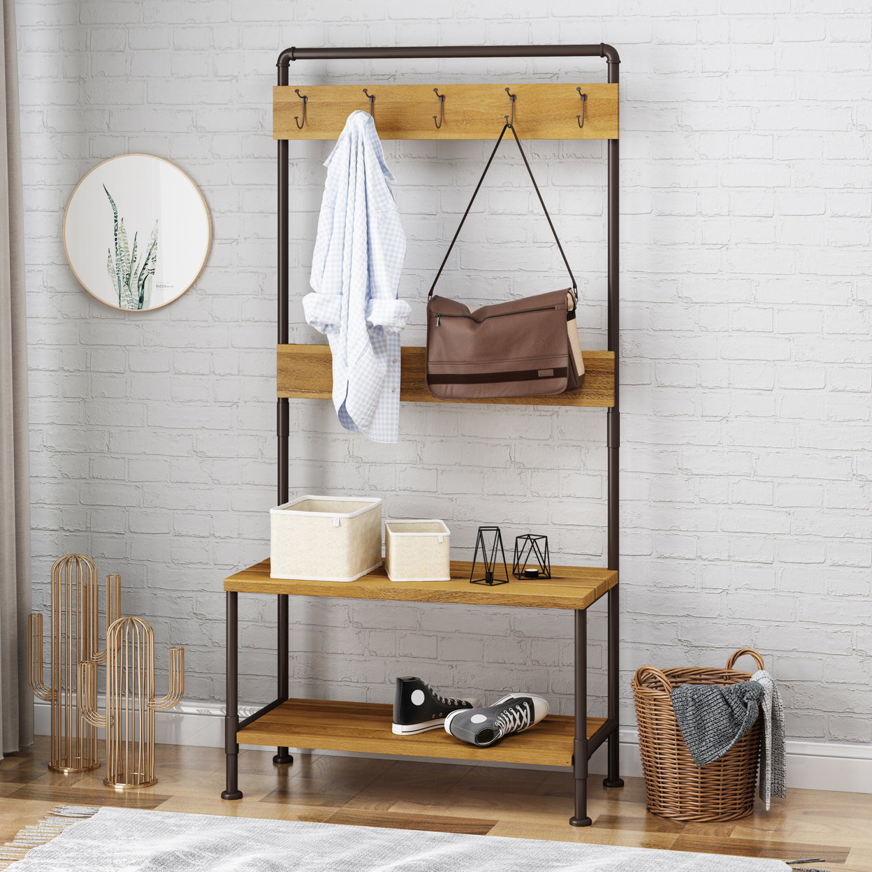 Kay Indoor Industrial Acacia Wood Bench With Shelf And Coat Hooks - Gray