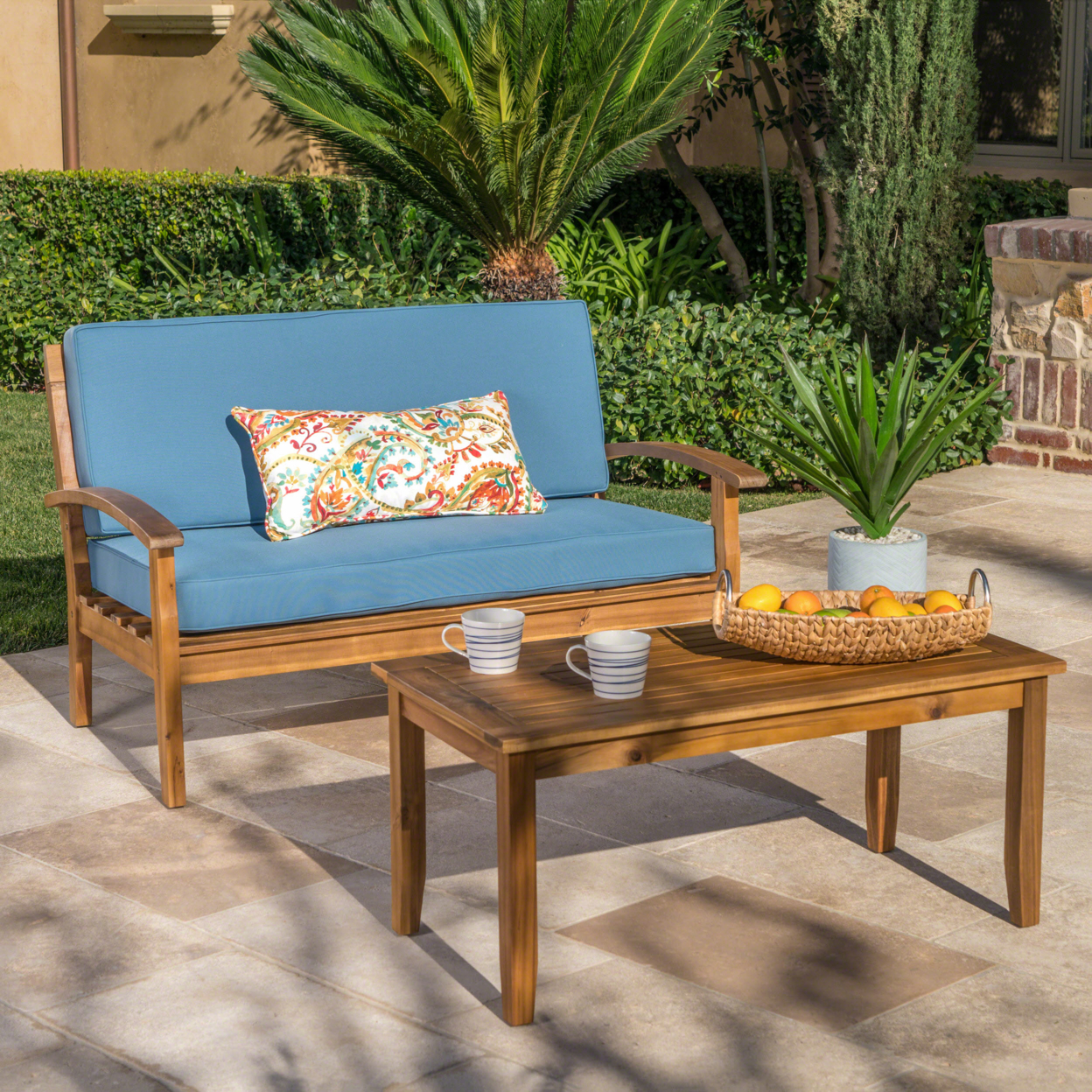 Keanu Outdoor Acacia Wood Loveseat And Coffee Table Set With Cushions - Beige