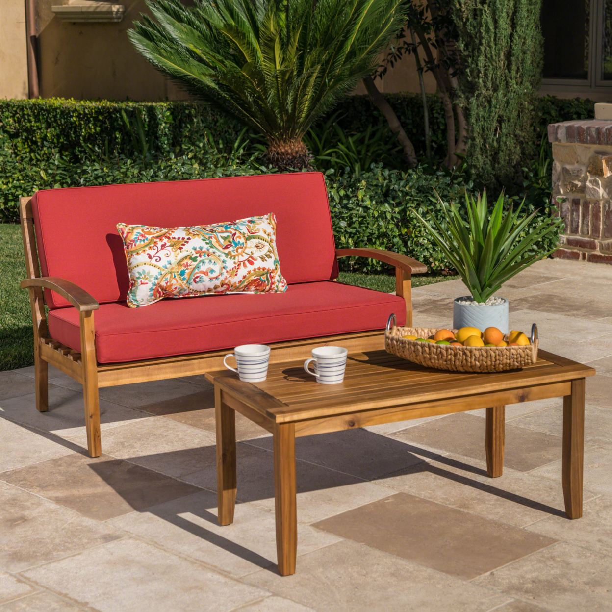 Keanu Outdoor Acacia Wood Loveseat And Coffee Table Set With Cushions - Red