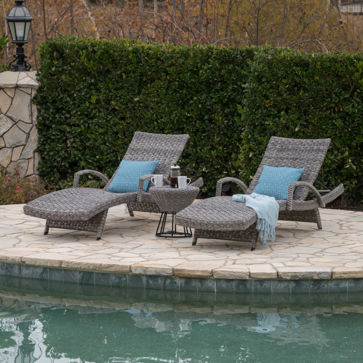 Keira Outdoor 3 Piece Gray Wicker Armed Chaise Lounges With Side Table - Round Side Table, Gray