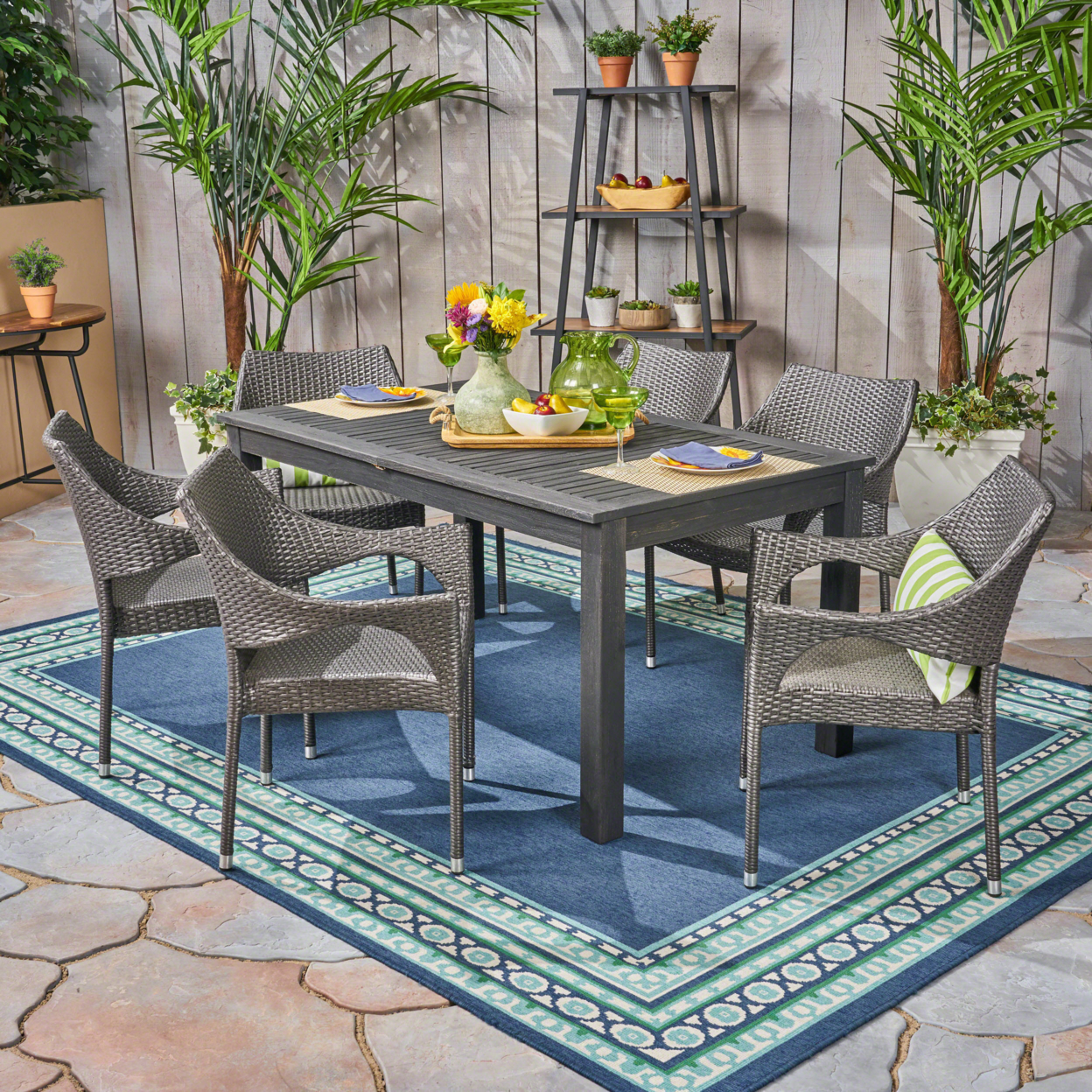 Kelly Outdoor Wood And Wicker Expandable Dining Set - Dark Gray + Gray, Set Of 7