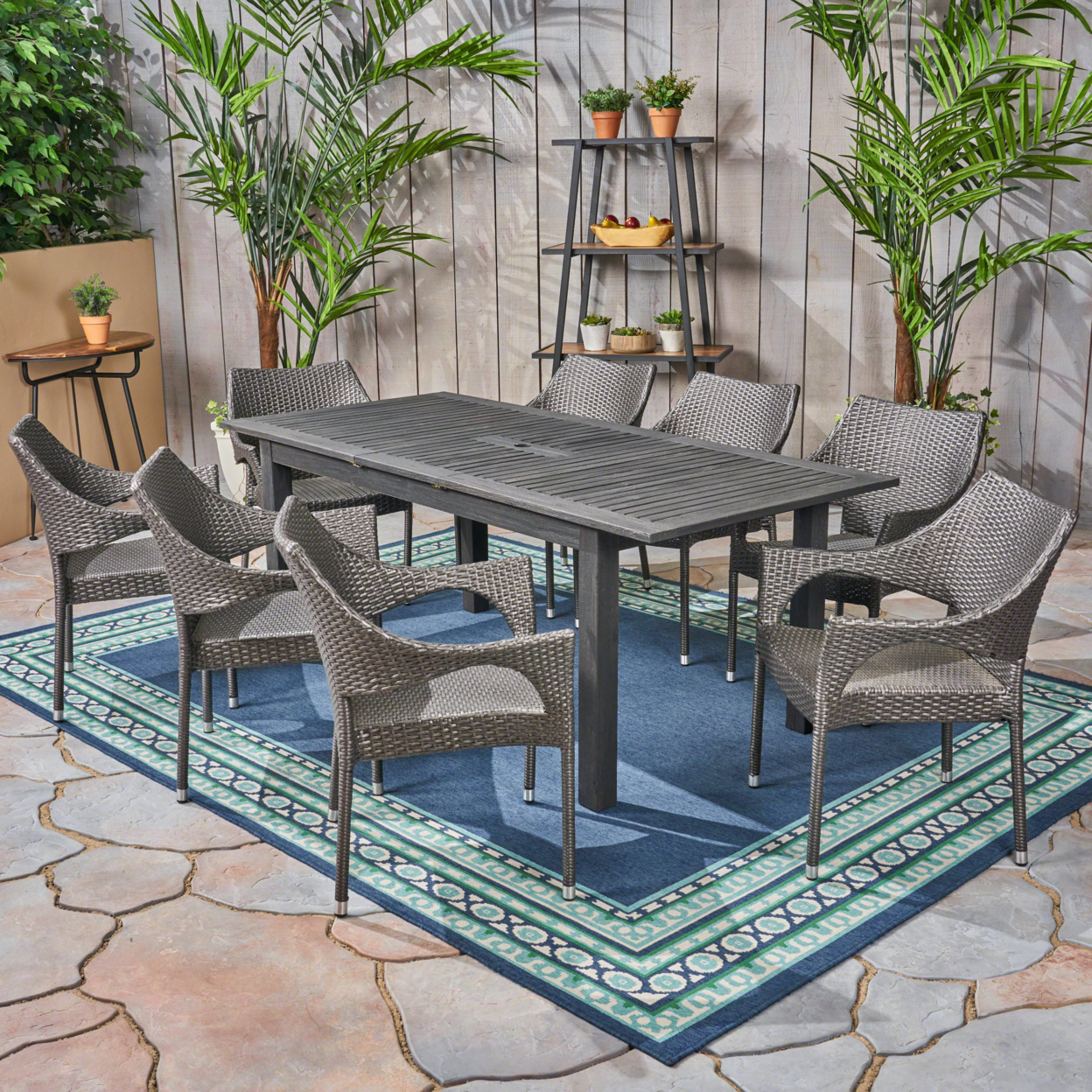 Kelly Outdoor Wood And Wicker Expandable Dining Set - Dark Gray + Gray, Set Of 7