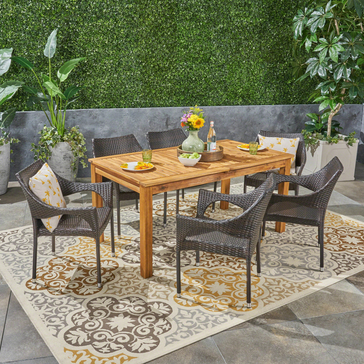 Kelly Outdoor Wood And Wicker Expandable Dining Set - Natural Stained + Brown, Set Of 7