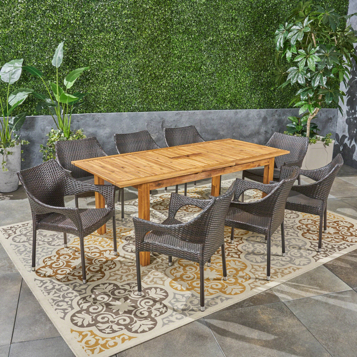 Kelly Outdoor Wood And Wicker Expandable Dining Set - Natural Stained + Brown, Set Of 9