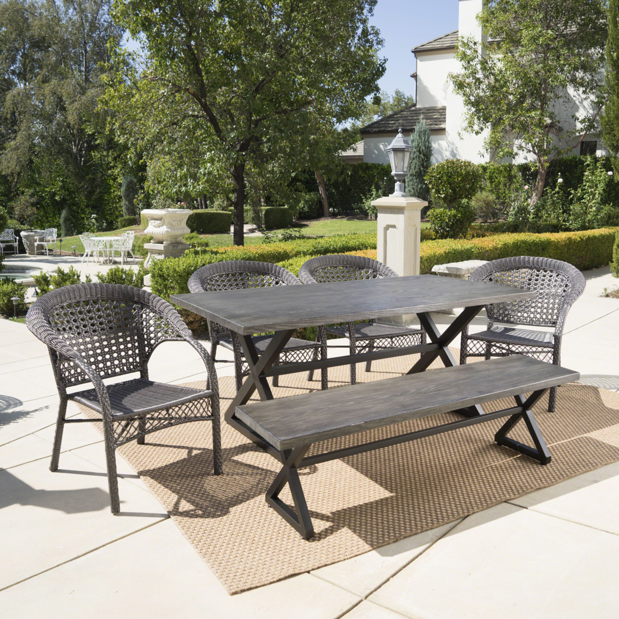 Keness Outdoor 6 Piece Aluminum Dining Set With Bench And Wicker Stacking Chairs - Black/Multi-brown