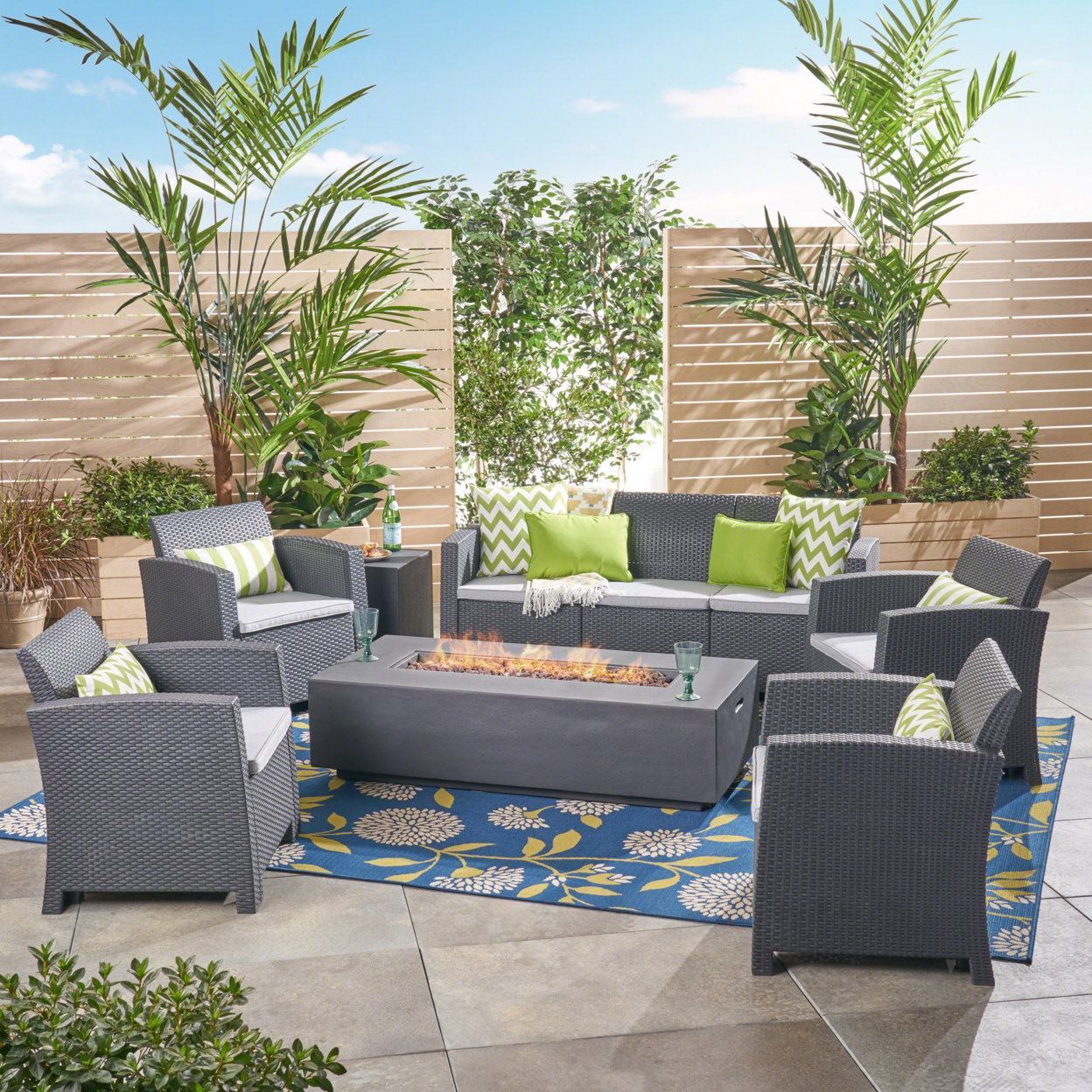 Ken 7-Seater Outdoor Chat Set With Fire Pit - Brown + Light Gray