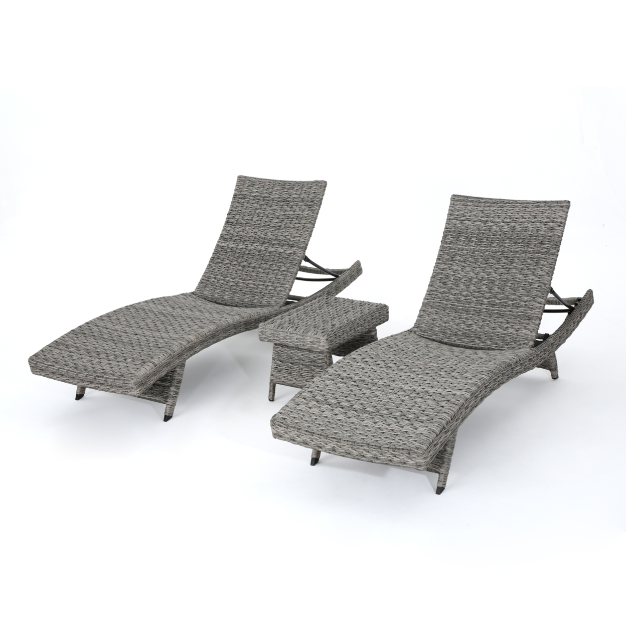 Knightley Outdoor 3 Piece Gray Wicker Armless Chaise Lounges With Side Table - Foldable Table, Gray