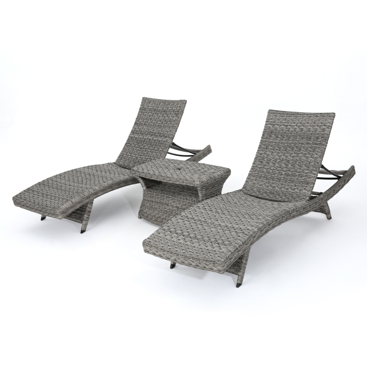 Knightley Outdoor 3 Piece Gray Wicker Armless Chaise Lounges With Side Table - Foldable Table, Gray