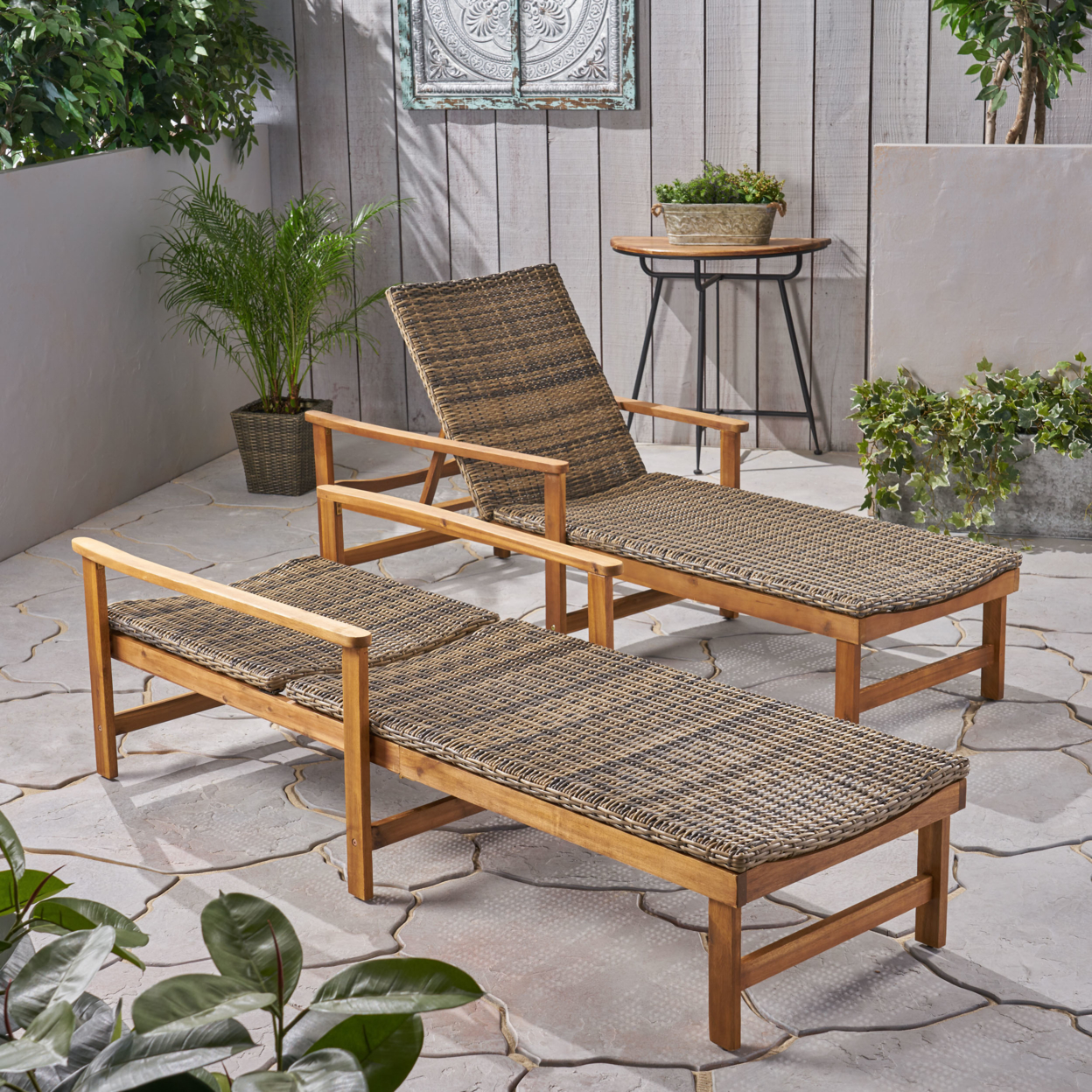 Kyle Outdoor Rustic Acacia Wood Chaise Lounge With Wicker Seat - Natural/Mocha, Set Of 2
