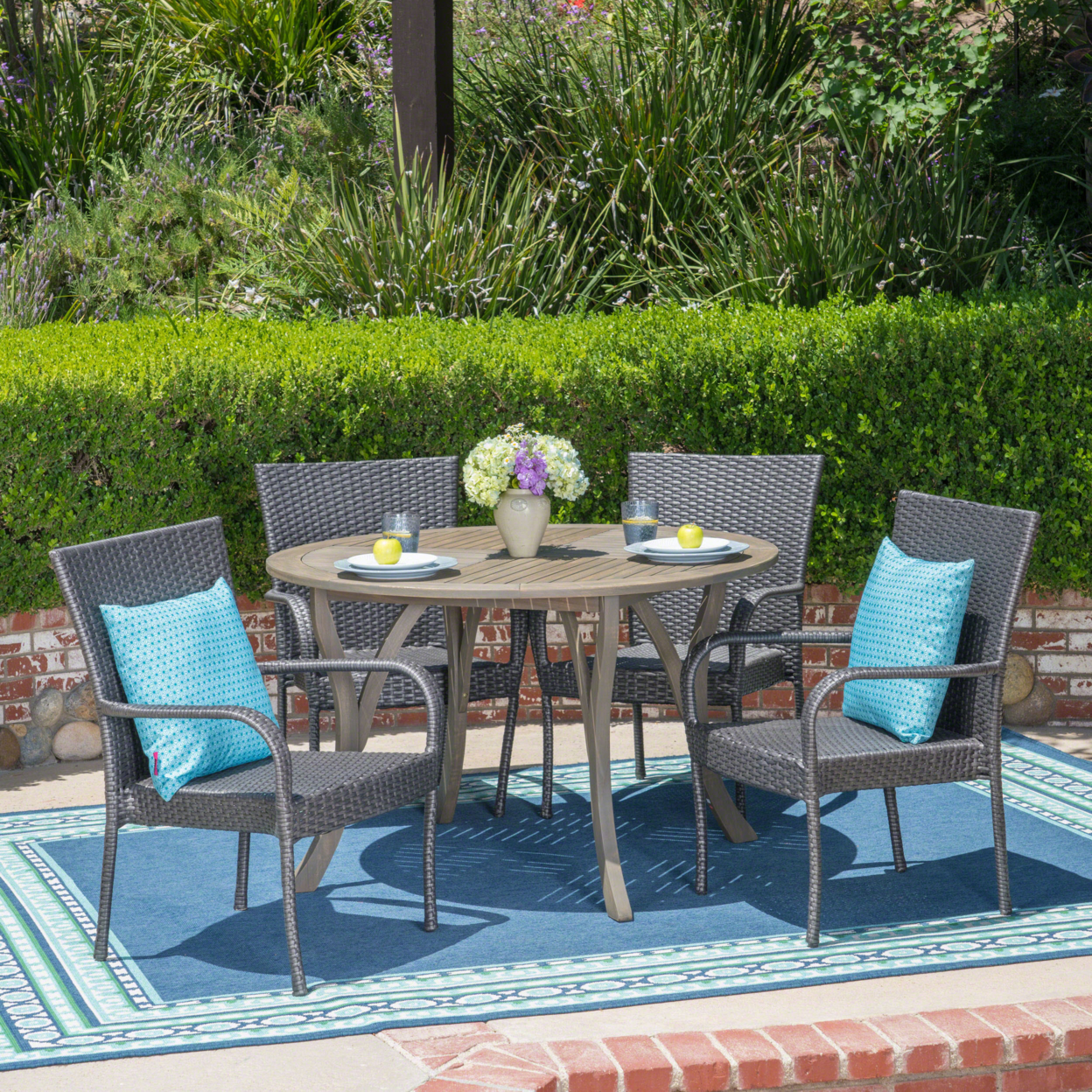 Lance Outdoor 5 Piece Acacia Wood And Wicker Dining Set - Teak + Brown