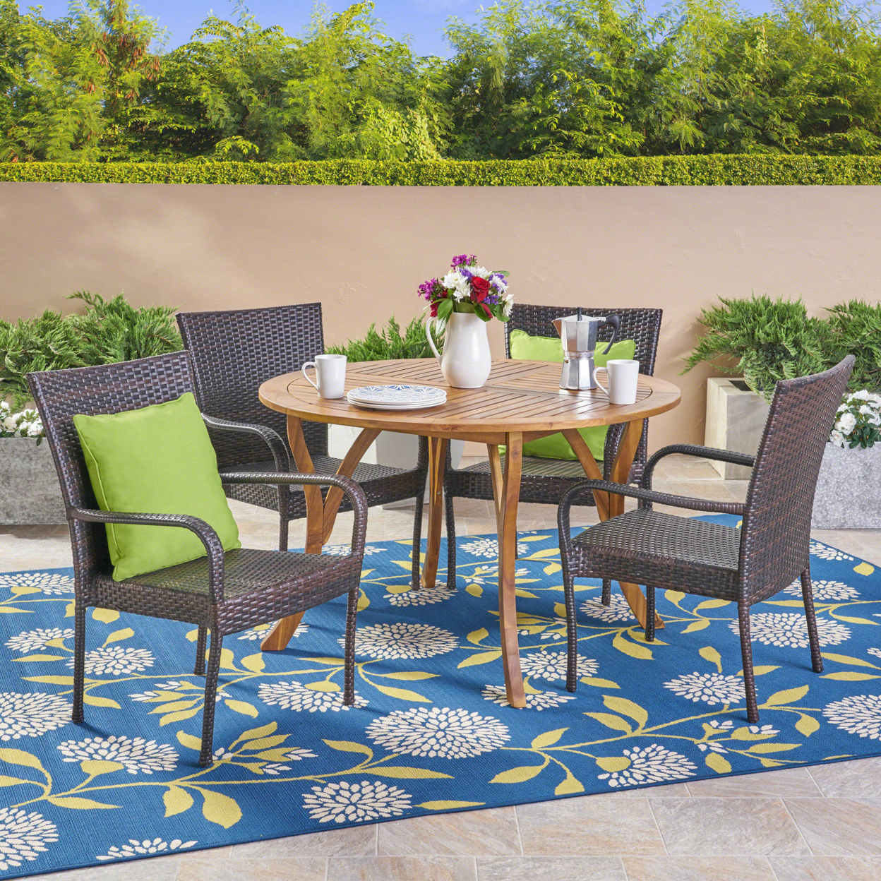 Lance Outdoor 5 Piece Acacia Wood And Wicker Dining Set - Gray + Gray