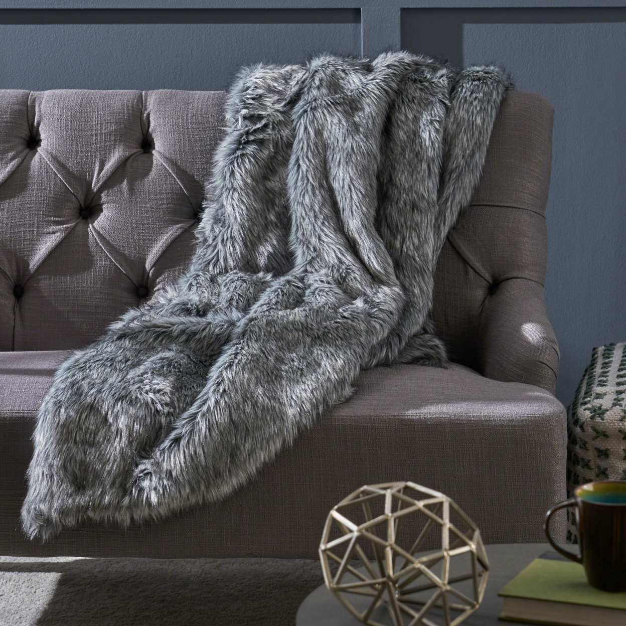 Laraine Furry Glam Faux Fur Throw Blanket - White + Grey Streaks