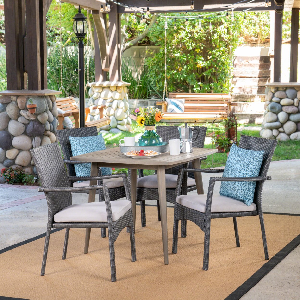 Leah Outdoor 5 Piece Wood And Wicker Dining Set - Teak + Brown