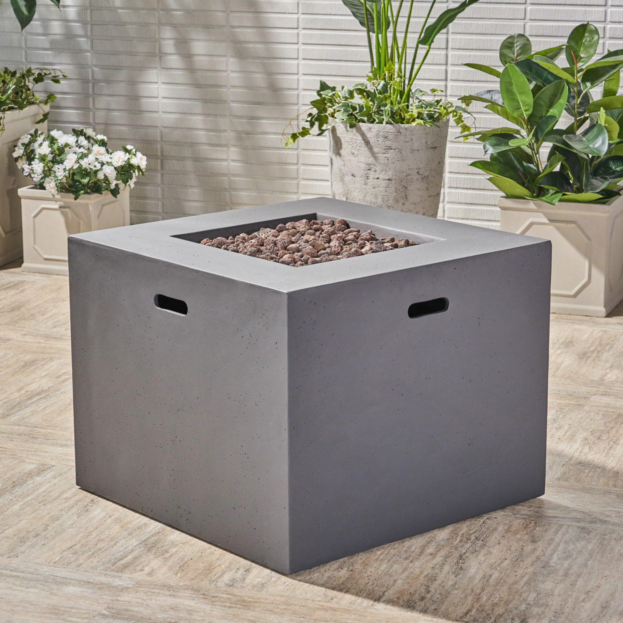 Leo Outdoor 31-inch Square Light Weight Concrete Gas Burning Fire Pit - Dark Gray