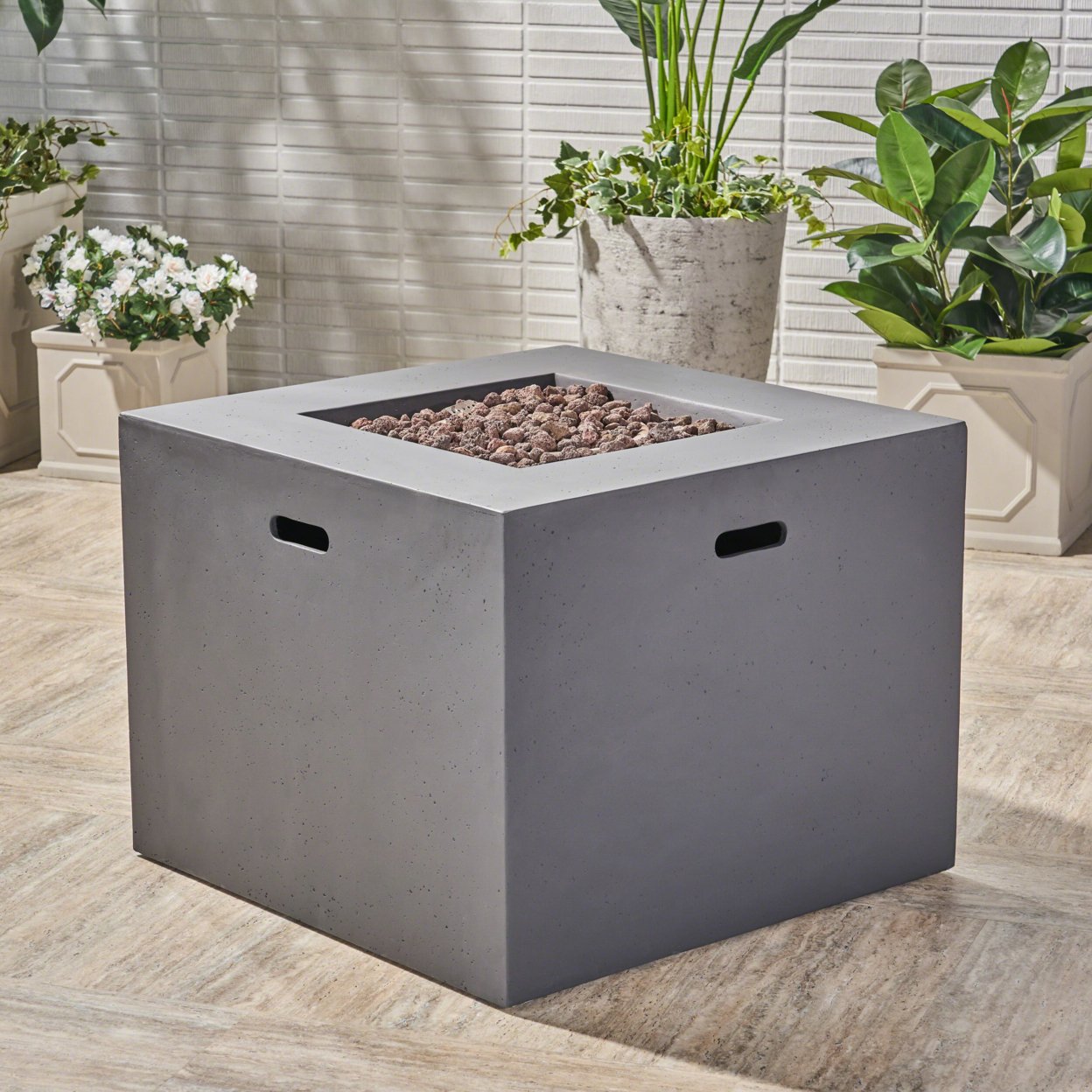 Leo Outdoor 31-inch Square Light Weight Concrete Gas Burning Fire Pit - Light Gray