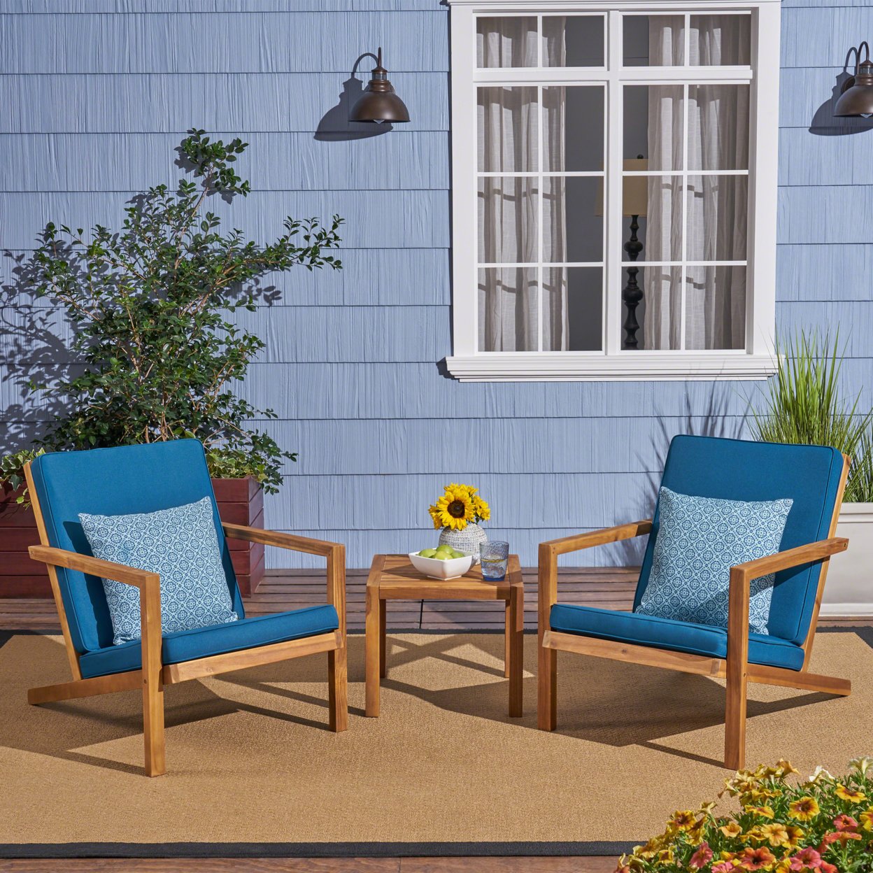 Lester Outdoor 3 Piece Acacia Wood Chat Set With Water Resistant Cushions - Dark Teal