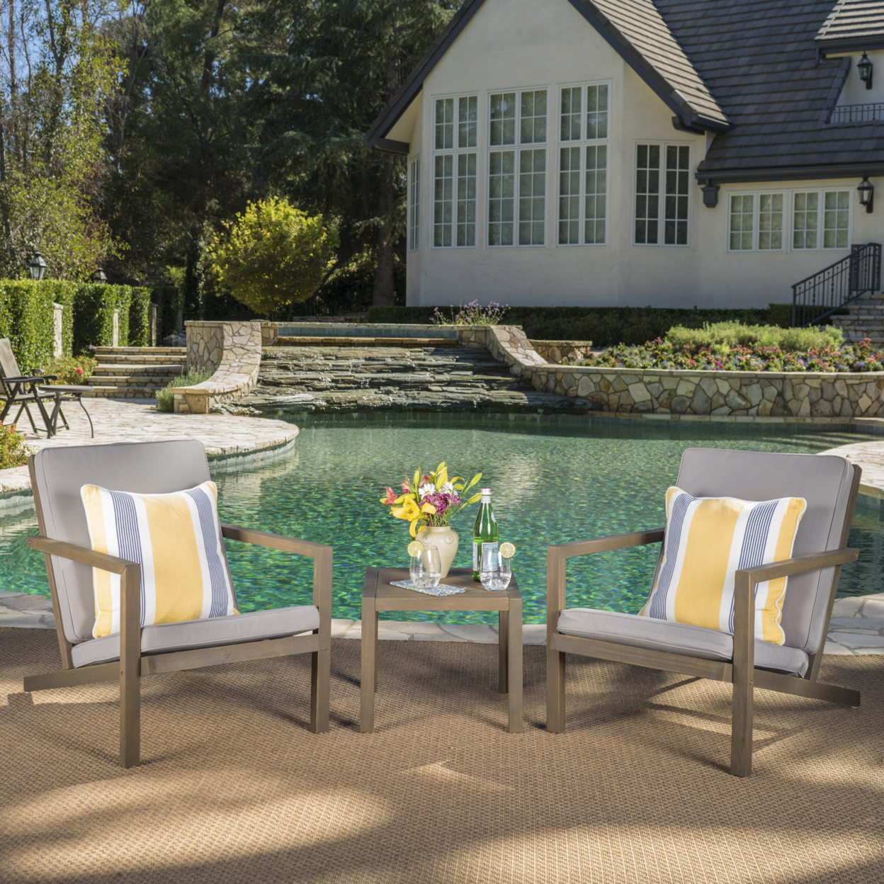 Lester Outdoor 3 Piece Acacia Wood Chat Set With Water Resistant Cushions - Gray
