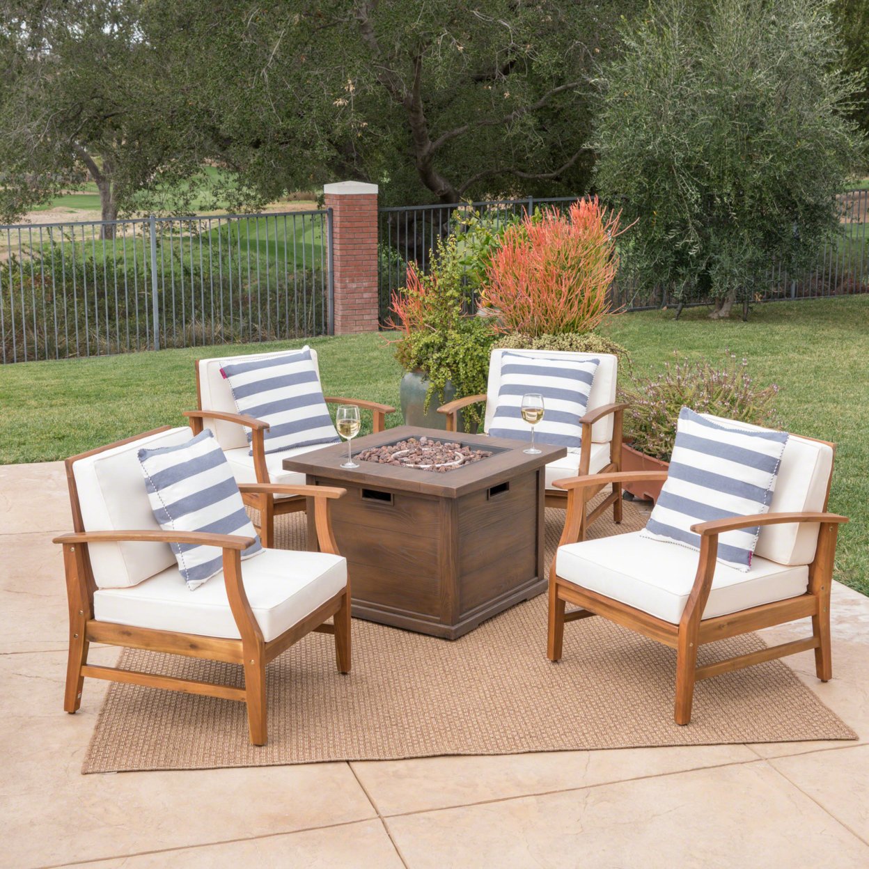 Lilith Outdoor 4 Seat Teak Finished Acacia Wood Club Chairs Fire Pit Chat Set - Gray + Dark Gray