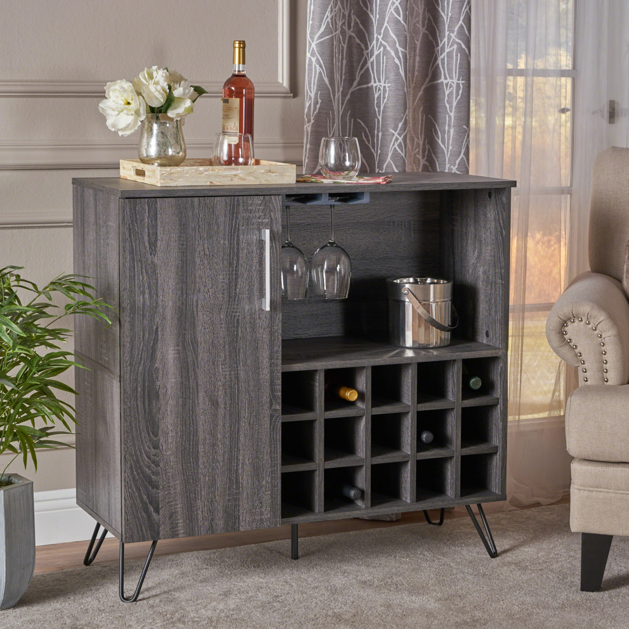 Lochner Mid Century Sonoma Finished Faux Wood Wine And Bar Cabinet - Sonoma Gray Oak